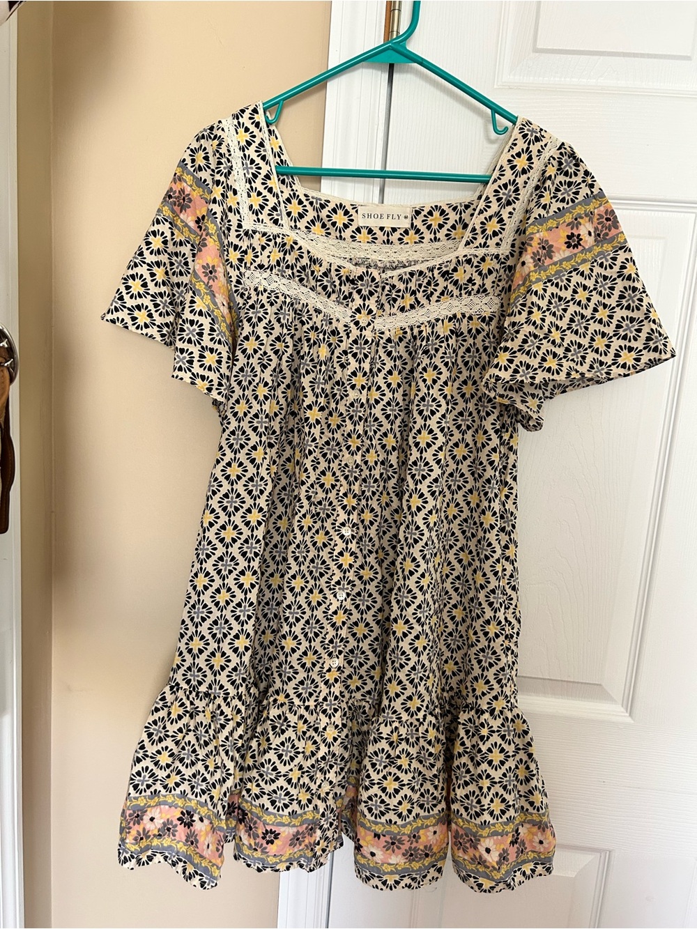Cream Floral Boho Short Dress with Navy Print